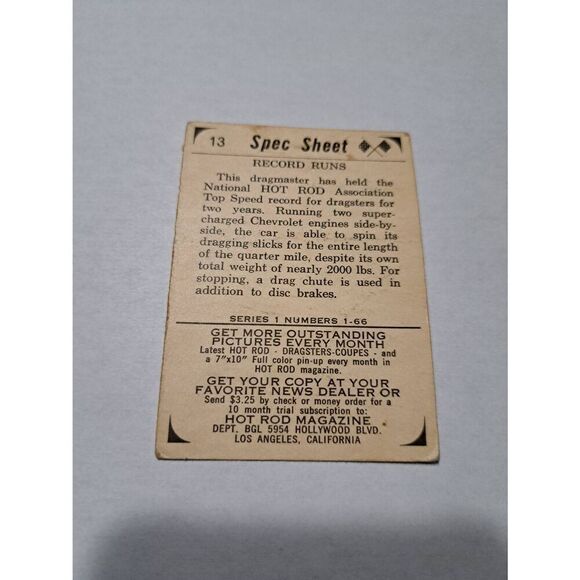 Vintage 1965 Hot Rod Magazine #13 Spec Sheet Record Runs Trading Card - Picture 3 of 3
